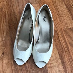 White open-toe snake pattern heels